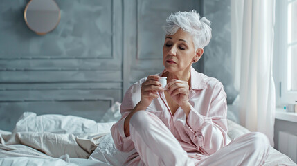 Mature woman with silver hair thinking about medicines in bed, morning health care. Daily life of middle-aged person, female psychological state
