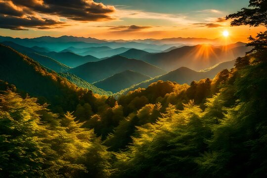 Sun setting behind the lush green mountains, casting a warm golden glow over the Great Smoky Mountains National Park.