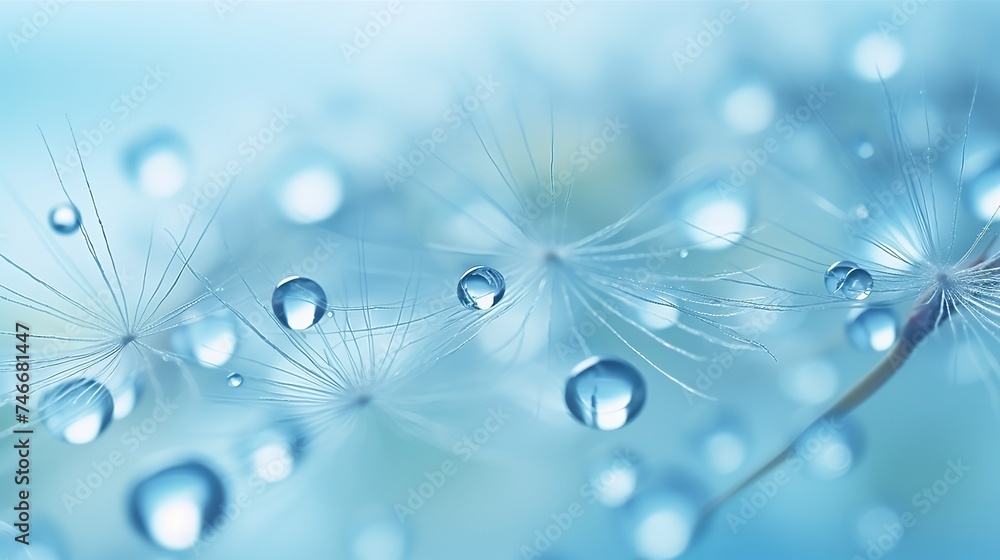 Poster dandelion seeds in drops water on blue beautiful background with soft focus in nature macro. drops o