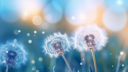 Dandelion Seeds in the drops of dew on a beautiful blurred background. Dandelions on a beautiful blue background. Drops of dew sparkle on the dandelion