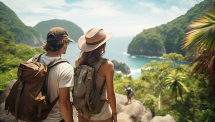 Couple on a tropical island looking down from a mountain onto a bay. Adventure vacation and voyage of discovery. Journey to South-East Asia. Young couple on a backpacking trip. Paradise island.