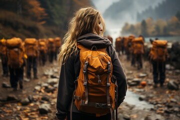 a woman with an orange backpack with hiking poles, in the style of sumatraism, candid photography, quietly poetic, the snapshot aesthetic, vfxfriday, campcore