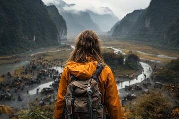 a woman with an orange backpack with hiking poles, in the style of sumatraism, candid photography, quietly poetic, the snapshot aesthetic, vfxfriday, campcore - obrazy, fototapety, plakaty