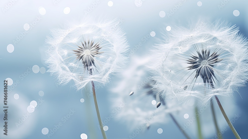 Poster dandelion with drops of dew in a silver color. water drops on a parachutes dandelion on a beautiful 