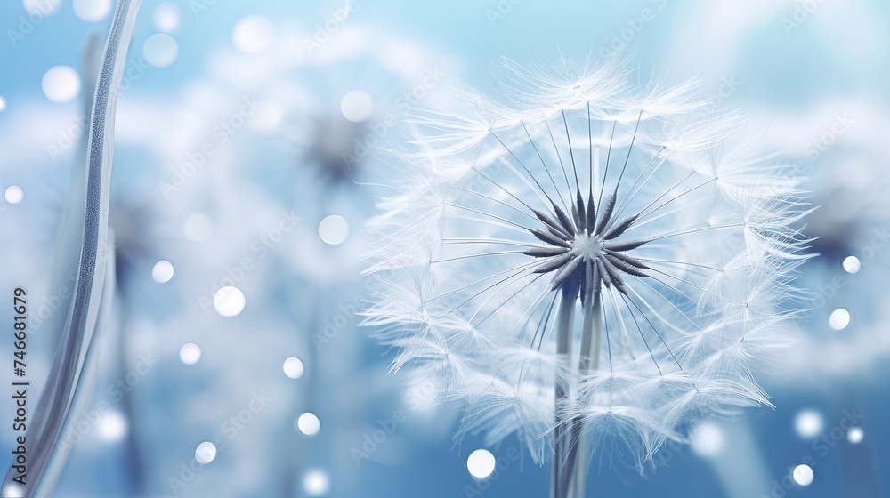 Poster dandelion with drops of dew in a silver color. water drops on a parachutes dandelion on a beautiful 