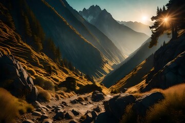A breathtaking mountain landscape in the gentle morning light, showcasing the layers and contours...