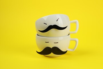 Men's faces made of cups, fake mustaches on yellow background