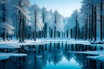 A frozen lake surrounded by crystalline trees, each one casting a unique, captivating reflection.