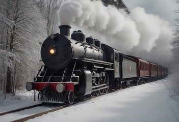 Obraz premium A beautiful Christmas train with a steam locomotive drives through a winter landscape