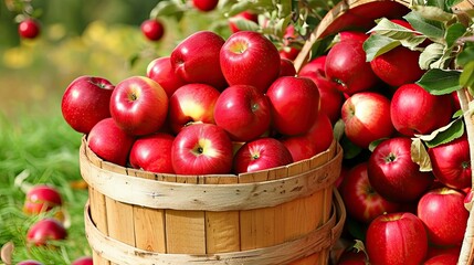 A sturdy wooden bushel basket laden with an assortment of delectable apples, a symbol of nature's bounty.