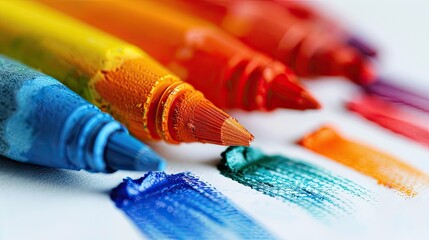 fragment of a colorful markers set isolated on white, showcasing the vibrant array of artistic tools. - obrazy, fototapety, plakaty