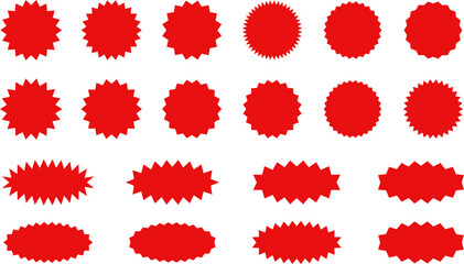 Starburst red sticker set - collection of special offer sale oval and round shaped sunburst labels and badges. Promo stickers with star edges. Promo advertising Vector. - obrazy, fototapety, plakaty