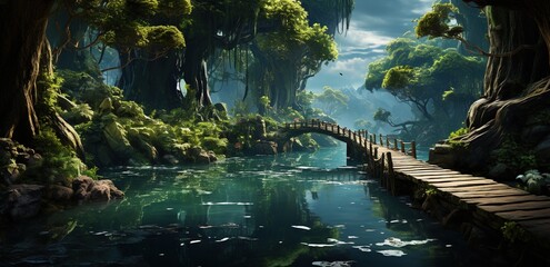 a wooden boardwalk through the trees and a green area, in the style of emerald and azure, romantic riverscapes, lovely, saturated, hd - obrazy, fototapety, plakaty