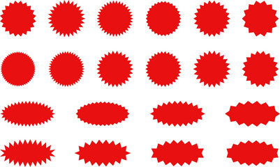 Starburst red sticker set - collection of special offer sale oval and round shaped sunburst labels and badges. Promo stickers with star edges. Promo advertising Vector.