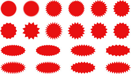 Starburst red sticker set - collection of special offer sale oval and round shaped sunburst labels and badges. Promo stickers with star edges. Promo advertising Vector.