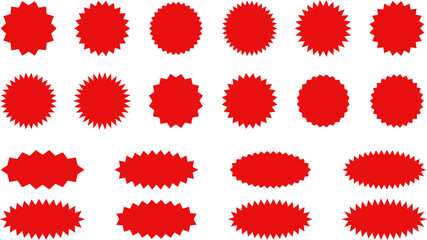 Starburst red sticker set - collection of special offer sale oval and round shaped sunburst labels and badges. Promo stickers with star edges. Promo advertising Vector.