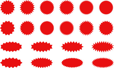 Starburst red sticker set - collection of special offer sale oval and round shaped sunburst labels and badges. Promo stickers with star edges. Promo advertising Vector.