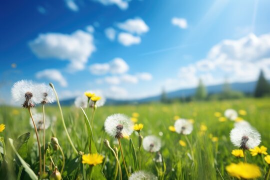 Field with yellow dandelions and blue sky