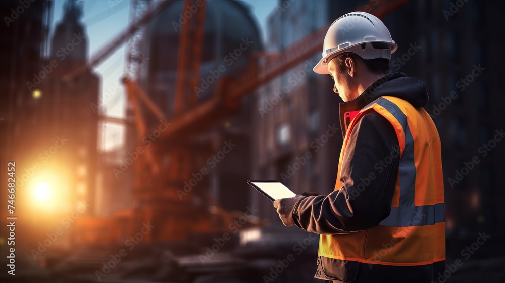 Aufkleber double exposure image of construction worker with tablet computer and wearing construction uniform a