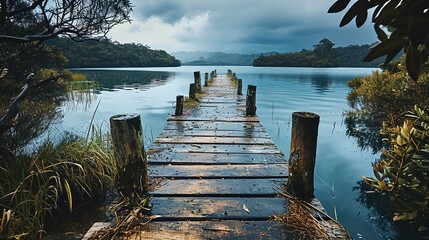 a wooden dock leading to a quiet lake at dusk, navy and aquamarine, creative commons attribution, landscape, serene faces - obrazy, fototapety, plakaty