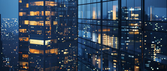 Night view of illuminated corporate office buildings, reflecting a bustling city's economy.
