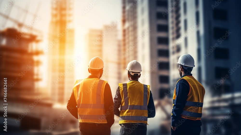 Aufkleber engineers are consulting before ordering construction work on site. construction teams are working i