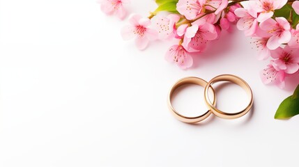 Golden wedding rings and flowers. Two upright gold wed bands isolated on white background. - obrazy, fototapety, plakaty