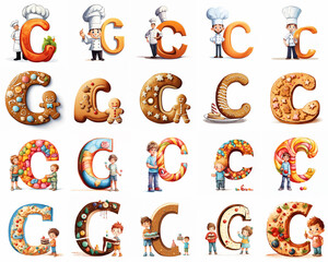 Naklejka premium Group of various colourful C letters with pictures of words starting with the B letter isolated on white background. Generative ai illustration. Preschool education theme.