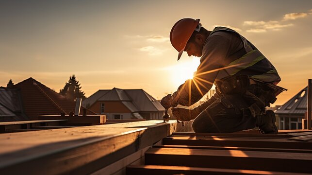 Engineer on a construction site at sunset. Working on the roof .