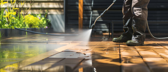 High-pressure cleaning of an outdoor patio amidst a refreshing splash. - obrazy, fototapety, plakaty