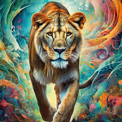 Lion with mane . African lion walking in the grass, with beautiful evening light. Wildlife scene from nature. Animal in the habitat. Abstract colorful background