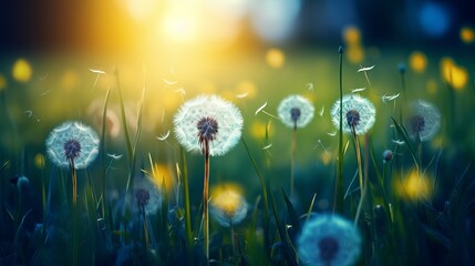 Floral summer spring background. Yellow dandelion flowers close-up in a field on nature on a dark blue green background in evening at sunset. Colorful artistic image, free copy space - obrazy, fototapety, plakaty
