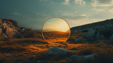 Landscape with a mysterious psychedelic mirror in the middle - obrazy, fototapety, plakaty