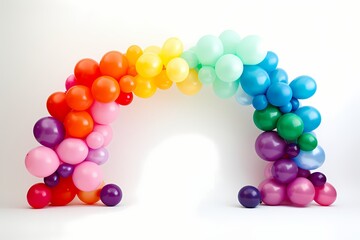 A festive arrangement of birthday balloons in a rainbow of colors, forming an arch shape against a white background, providing ample space for personalized messages.