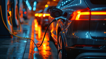 A silver electric car charges at a public charging station while raindrops stream down the windshield. The station's display shows the charging progress.