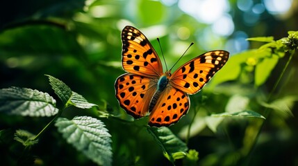Obraz premium Fragile butterfly on green plant in garden
