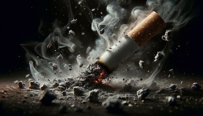 Cigarette butt being crushed, with fine details such as textured ash