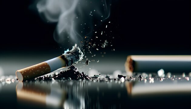 image of a cigarette being extinguished, with the ashes and smoke billowing around it