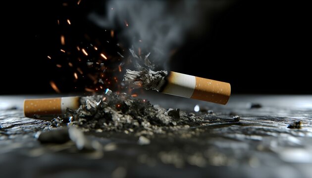 Cinematic image of a cigarette being extinguished, with detailed smoke and ash particles scattering around