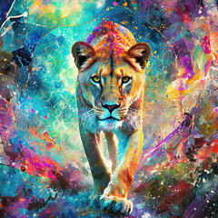 The lion, the king of the jungle, is walking on a hill while looking for prey in his territory. Abstract colorful background - obrazy, fototapety, plakaty
