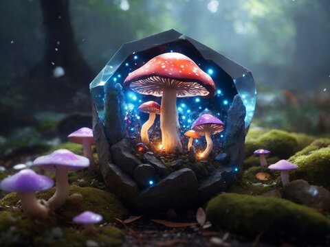 "Mystical Stone Alchemy: A Fantasy Fusion of Mushrooms on Enchanted Grounds"