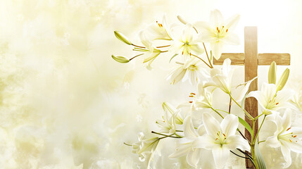 Easter concept, cross and blooming lilies , blurred background with bokeh. Postcard template for the religious Great Holiday of Holy Easter © ximich_natali