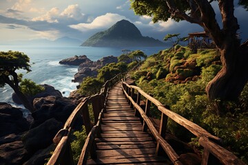 a wooden walkway leads towards the ocean on an island, in the style of punk, mountainous vistas, webcam photography, vibrant, lively, hikecore, solarizing master, skillful - obrazy, fototapety, plakaty