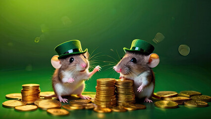 Two mice in green hats are dancing on a handful of gold coins - obrazy, fototapety, plakaty