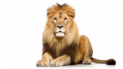 Obraz premium Lion, Panthera leo, 8 years old, sitting in front of white background