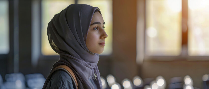 Young woman in hijab gazes into the distance with soft sunlight behind her.