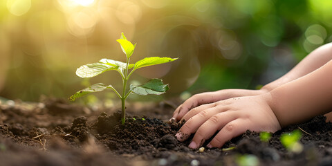 Hand planting small tree and sunrise in garden. concept green world