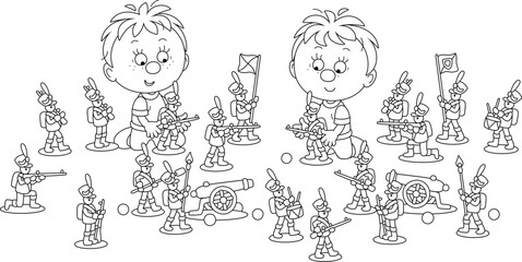 Happy little boys playing with toy soldiers and leading their small armies in an attack in a funny military game on the floor of a nursery playroom, black and white vector cartoon illustration