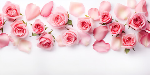 Decorative web banner close up of blooming pink roses flowers and petals isolated on white table background