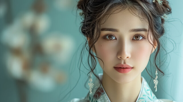 A beautiful 20 year old Chinese woman wearing a traditional white Hanfu embroidered with green plants, looking to the camera, beautiful young face and Chinese traditional clothing